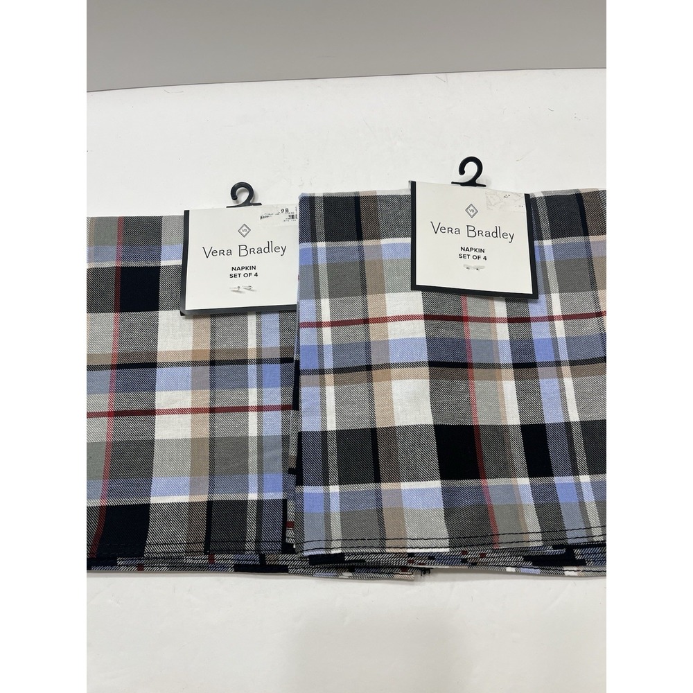 Vera Bradley Cloth Dinner Napkins Blue/Black Plaid 8 Napkins 100% Cotton New